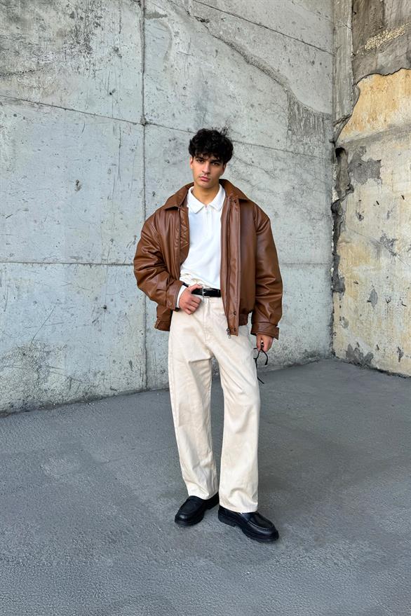 90s Vintage Kalıp Kahverengi Deri Mont