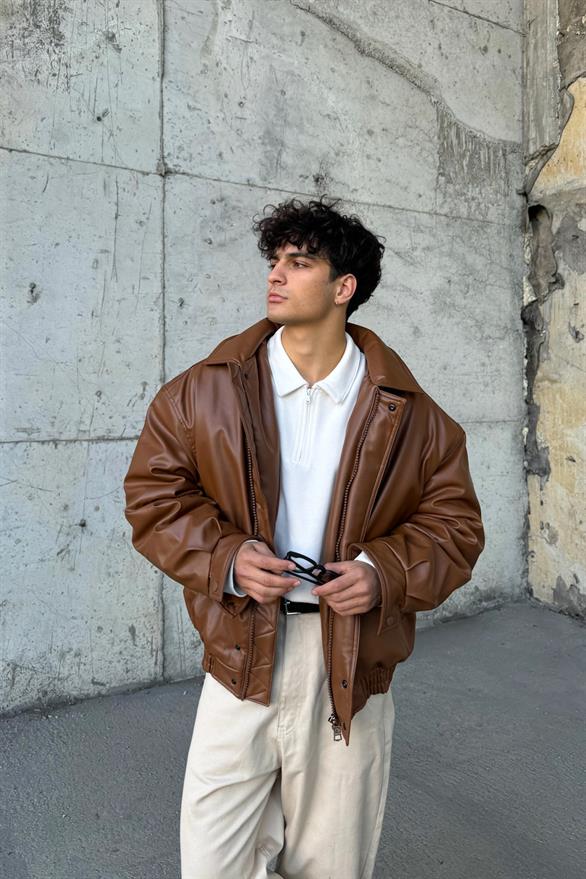 90s Vintage Kalıp Kahverengi Deri Mont