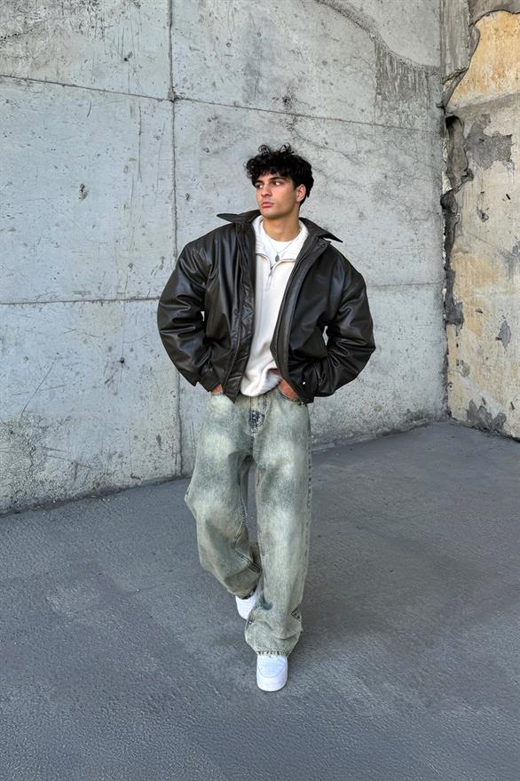 90s Vintage Kalıp Haki Deri Mont