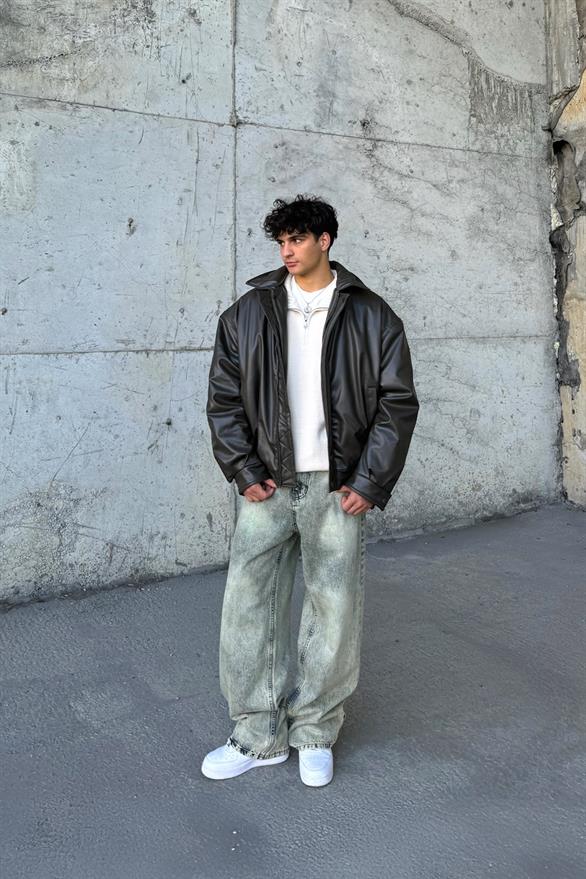 90s Vintage Kalıp Haki Deri Mont