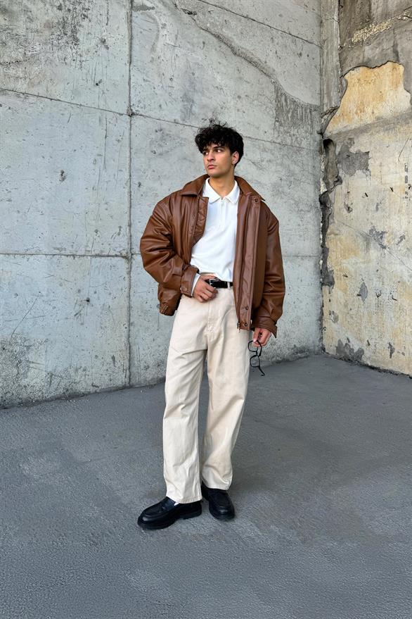 90s Vintage Kalıp Kahverengi Deri Mont