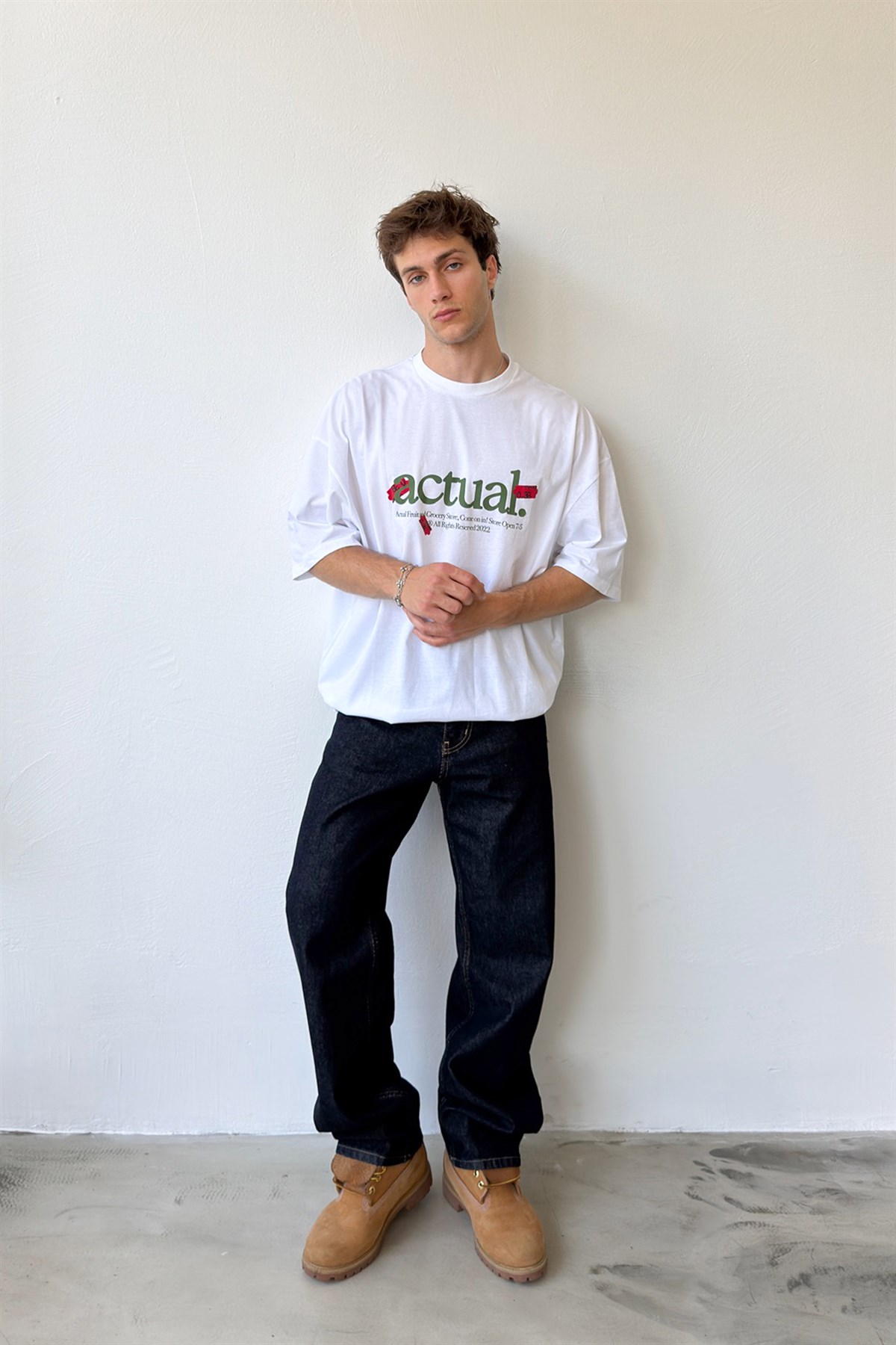 Actual Grocery Baskılı Beyaz Oversize Tshirt