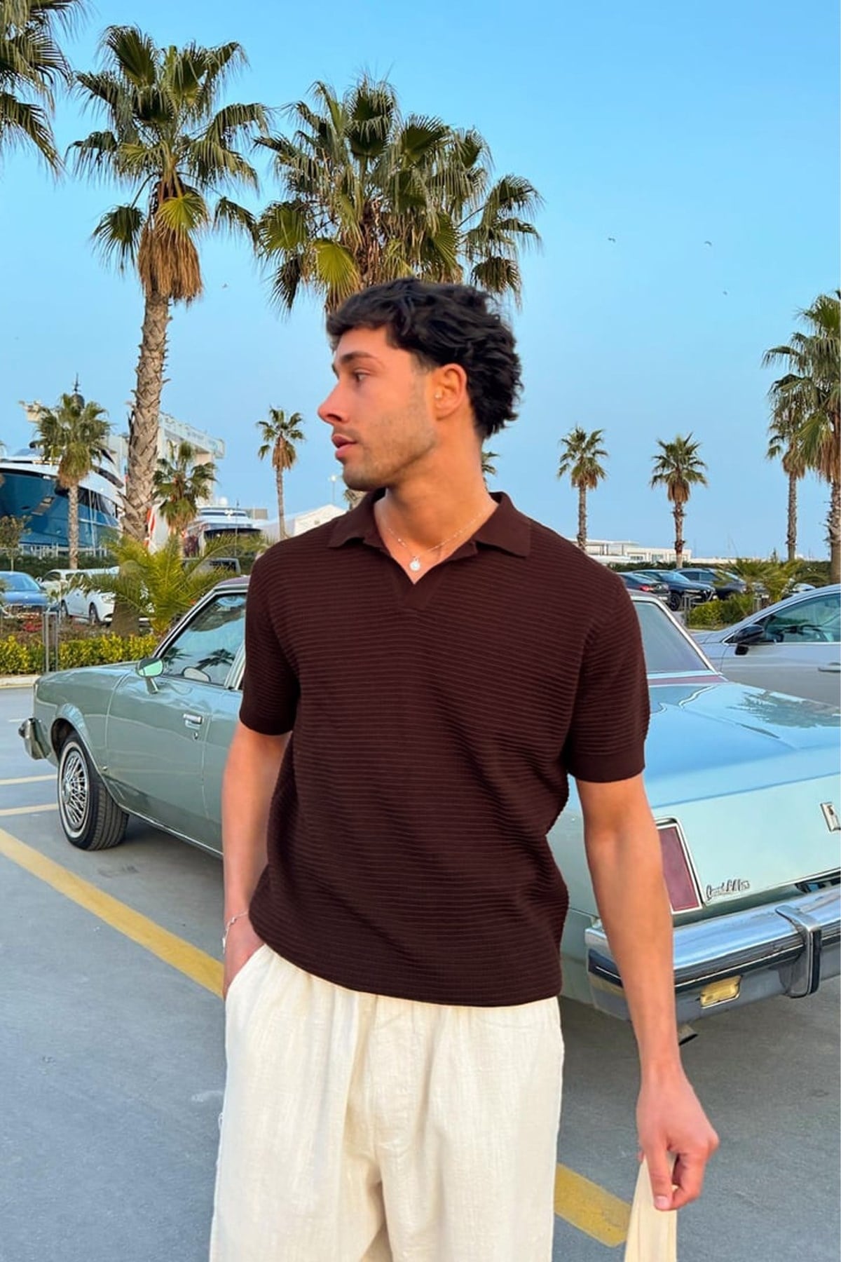 Ajurlu Patlı Triko Polo Yaka Tişört Kahverengi