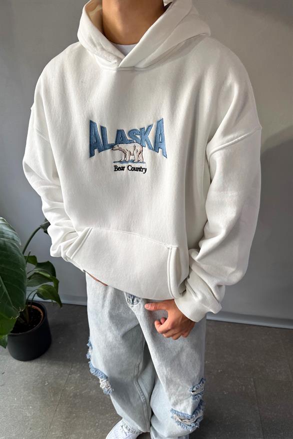 Alaska Nakışlı Beyaz Oversize Hoodie Beyaz