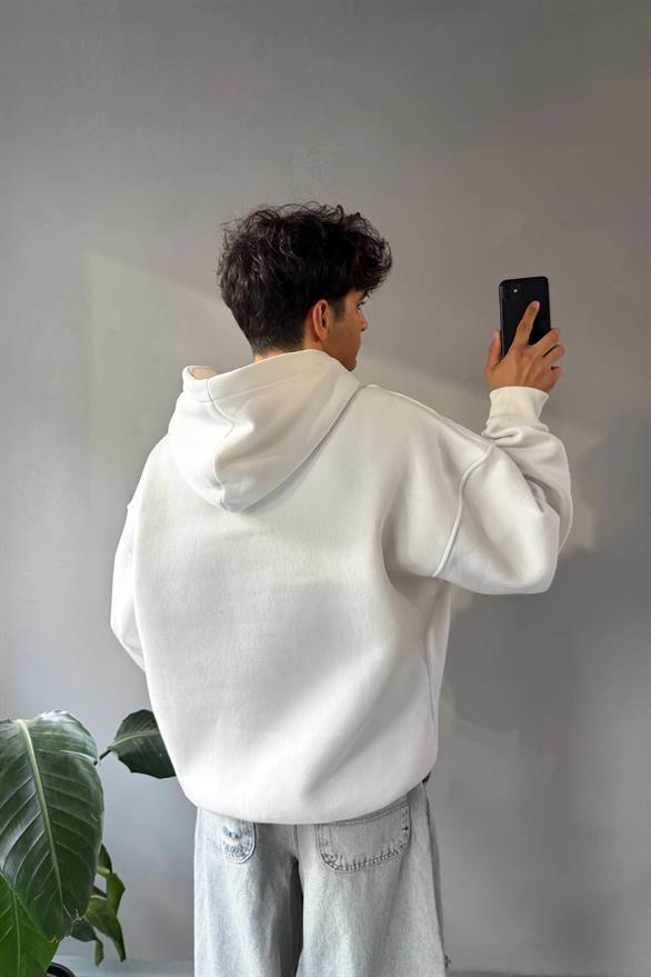Alaska Nakışlı Beyaz Oversize Hoodie Beyaz