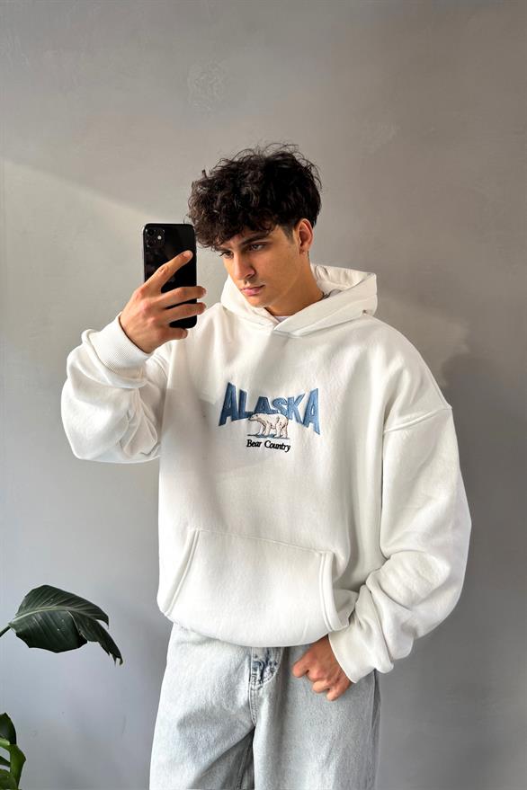 Alaska Nakışlı Beyaz Oversize Hoodie Beyaz