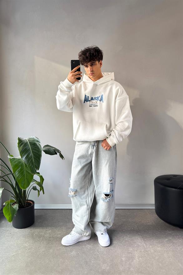 Alaska Nakışlı Beyaz Oversize Hoodie Beyaz