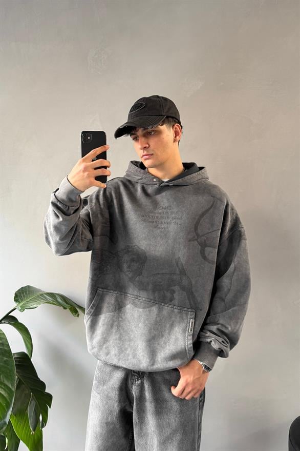 Angel Washed Baskılı Antrasit Sweatshirt