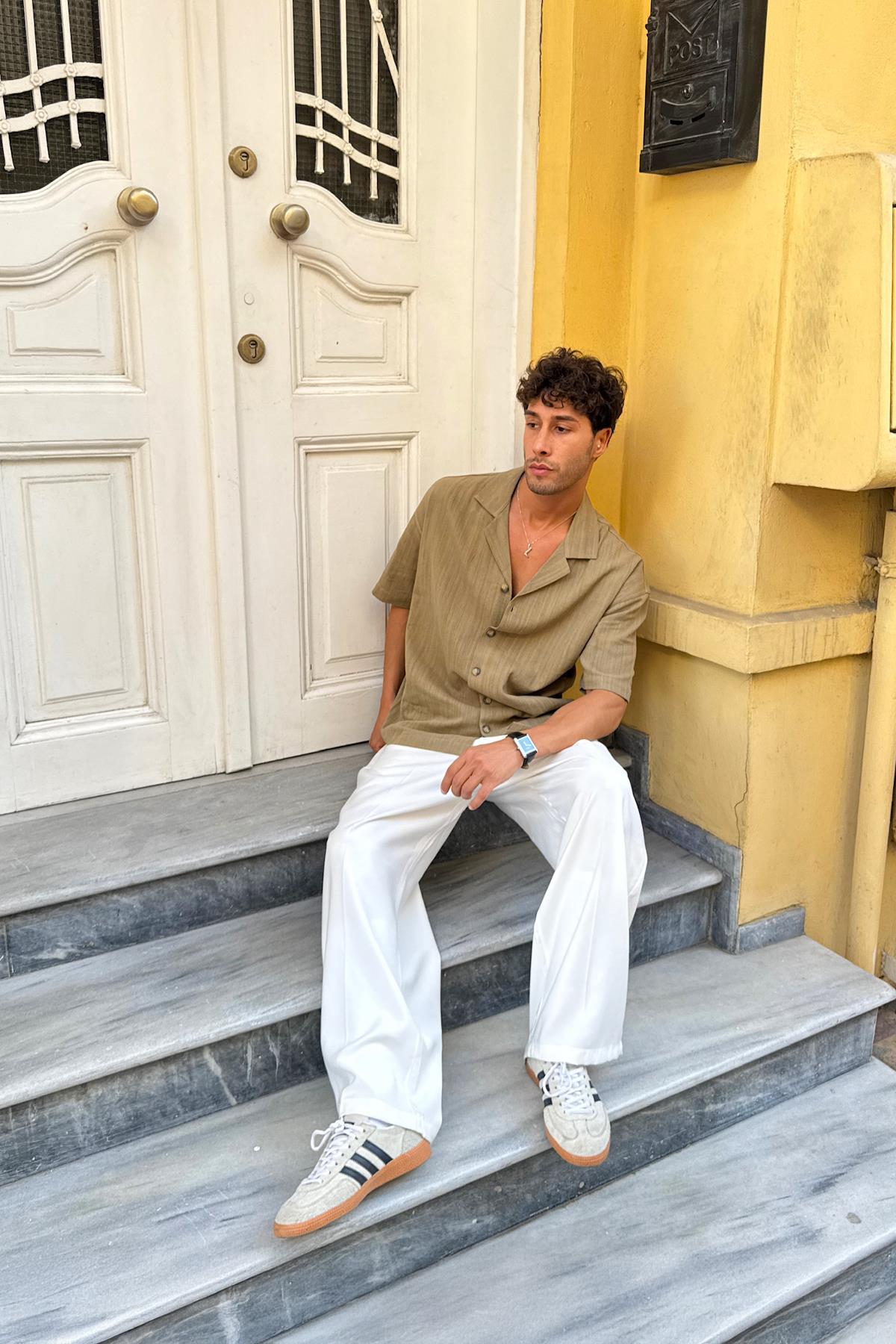 Apaş Yaka Oversize Kısa Kol Gömlek Haki