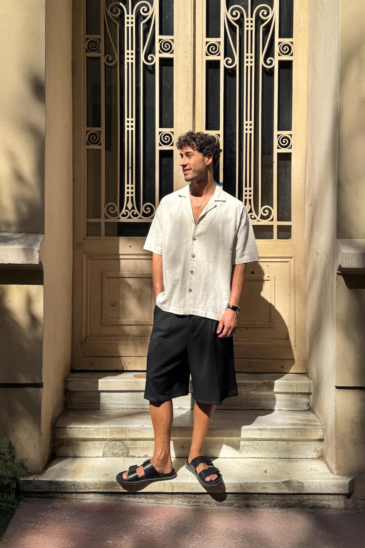 Apaş Yaka Oversize Kısa Kol Gömlek Bej