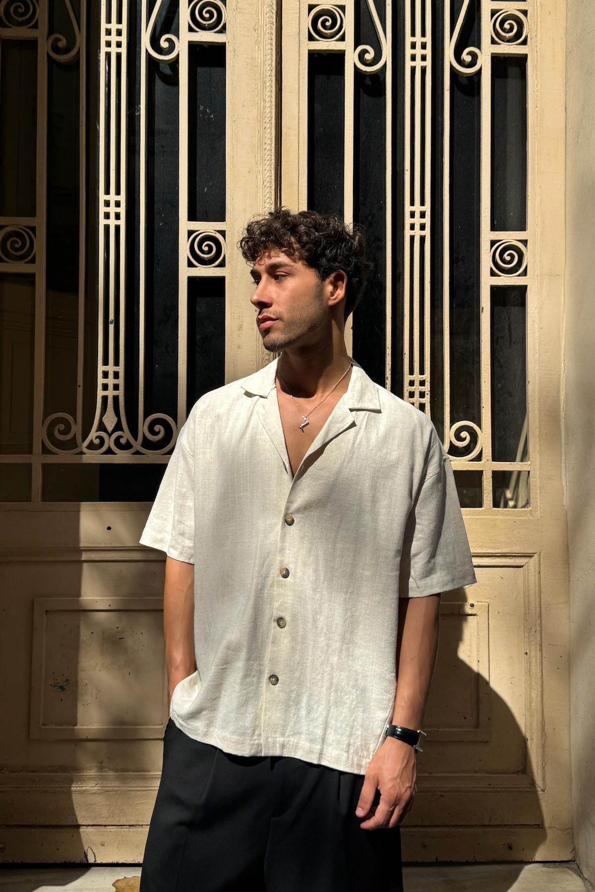 Apaş Yaka Oversize Kısa Kol Gömlek Bej