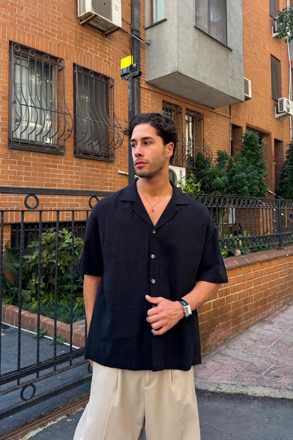 Apaş Yaka Oversize Kısa Kol Gömlek Siyah