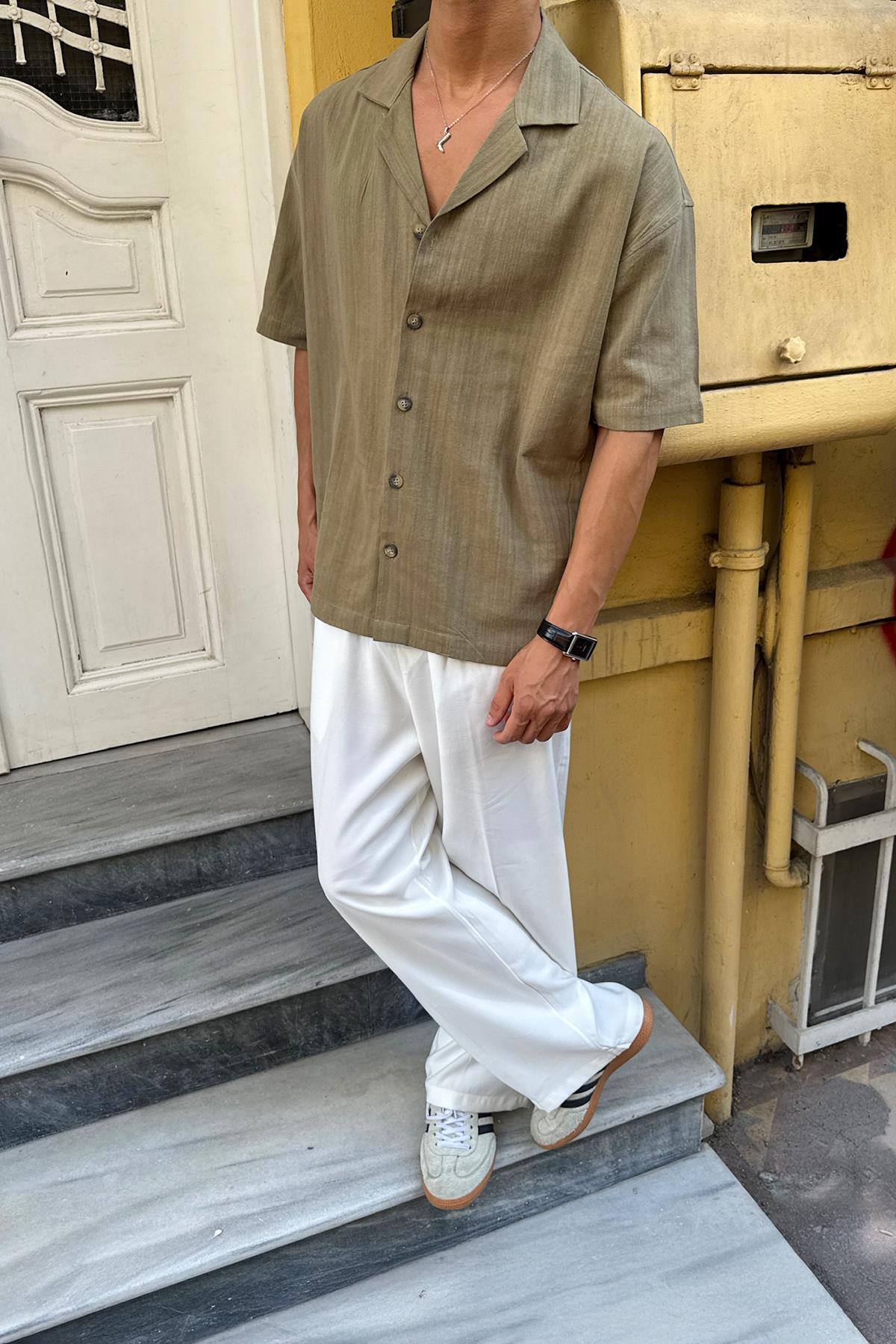 Apaş Yaka Oversize Kısa Kol Gömlek Haki
