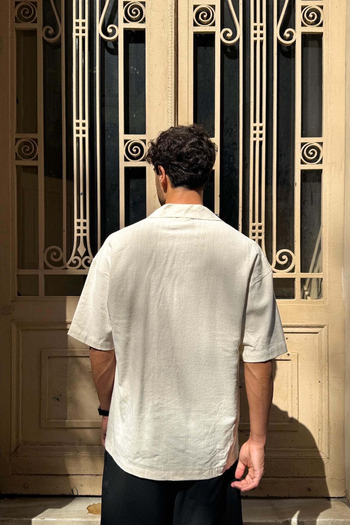 Apaş Yaka Oversize Kısa Kol Gömlek Bej