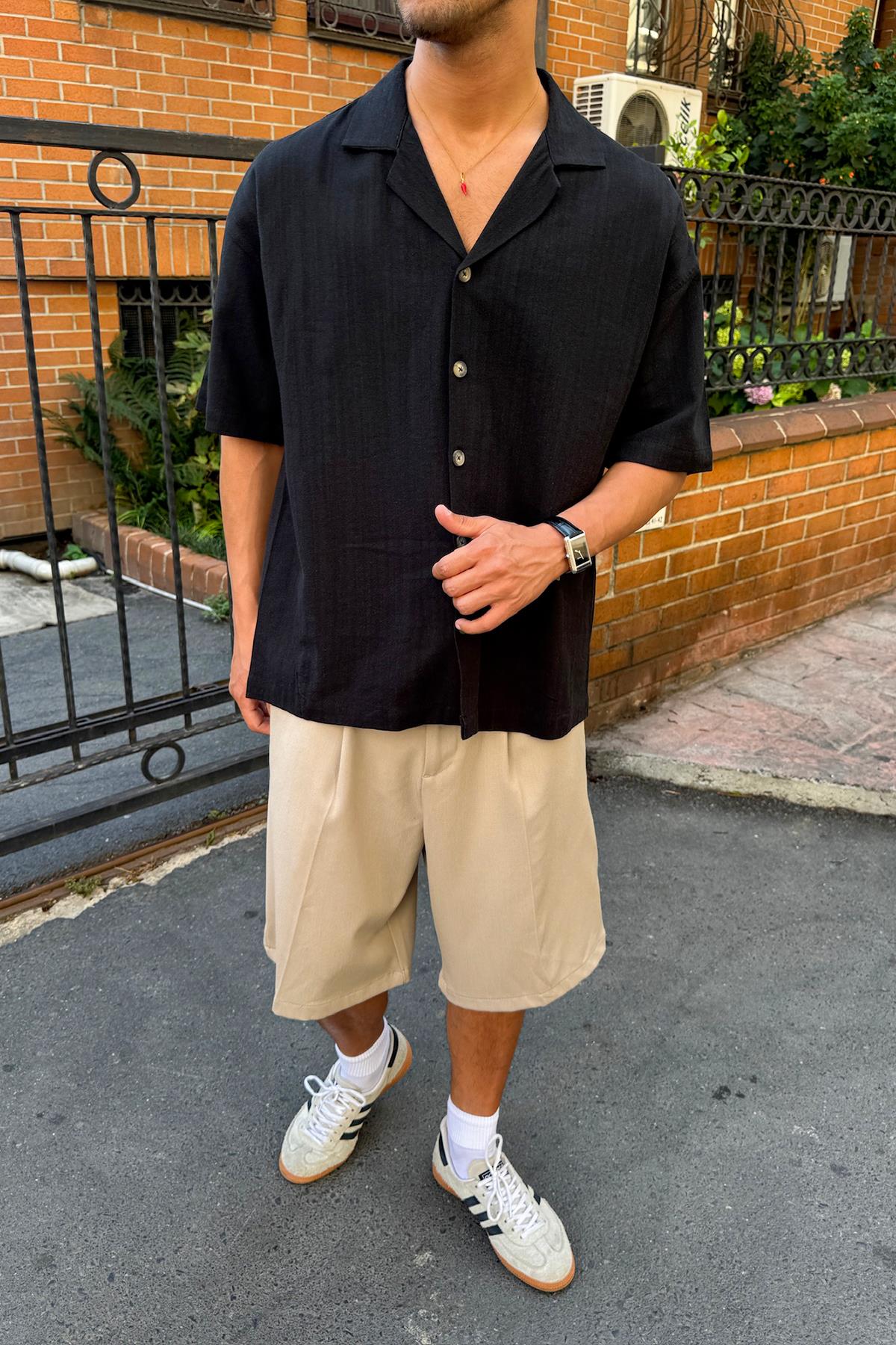 Apaş Yaka Oversize Kısa Kol Gömlek Siyah