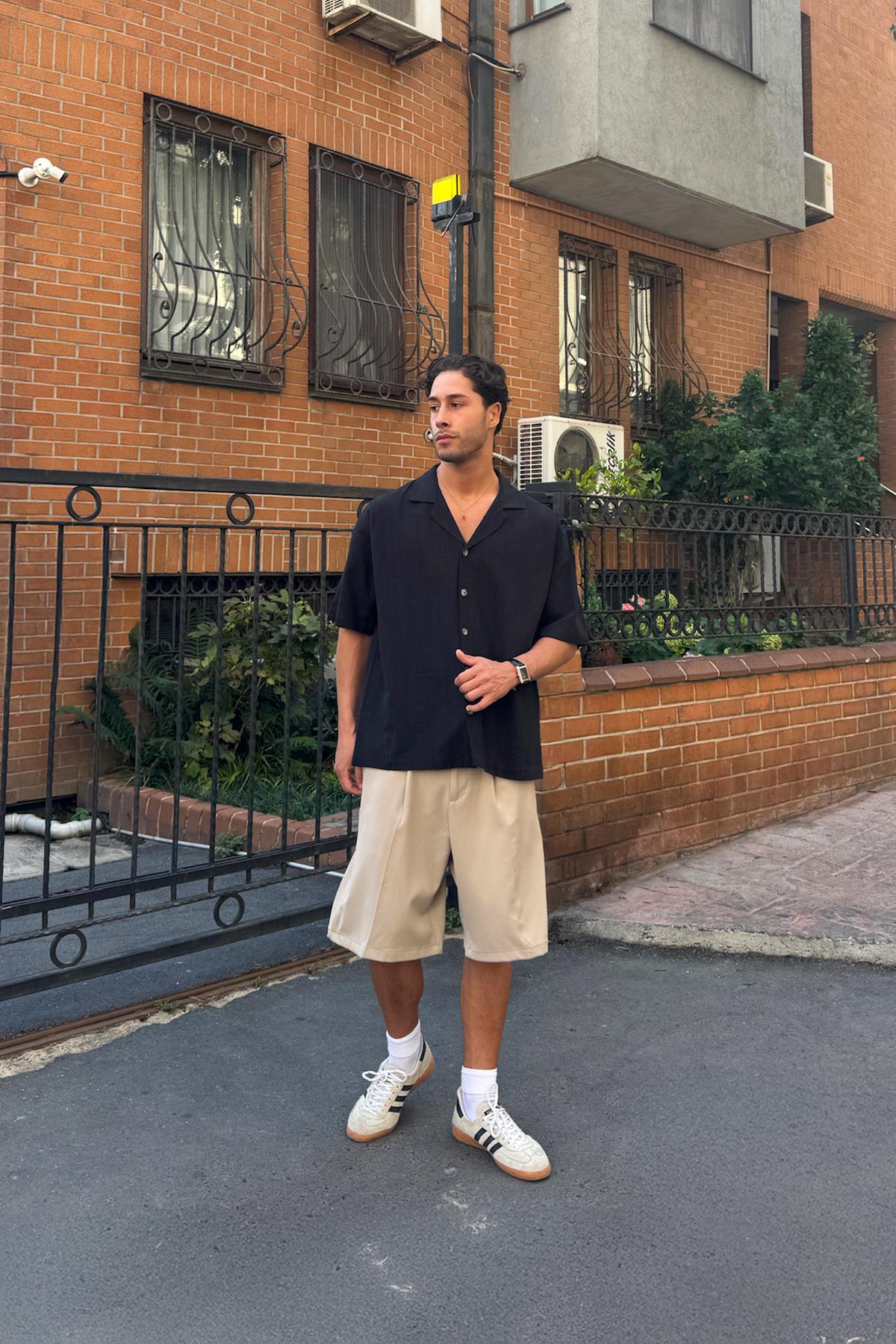 Apaş Yaka Oversize Kısa Kol Gömlek Siyah