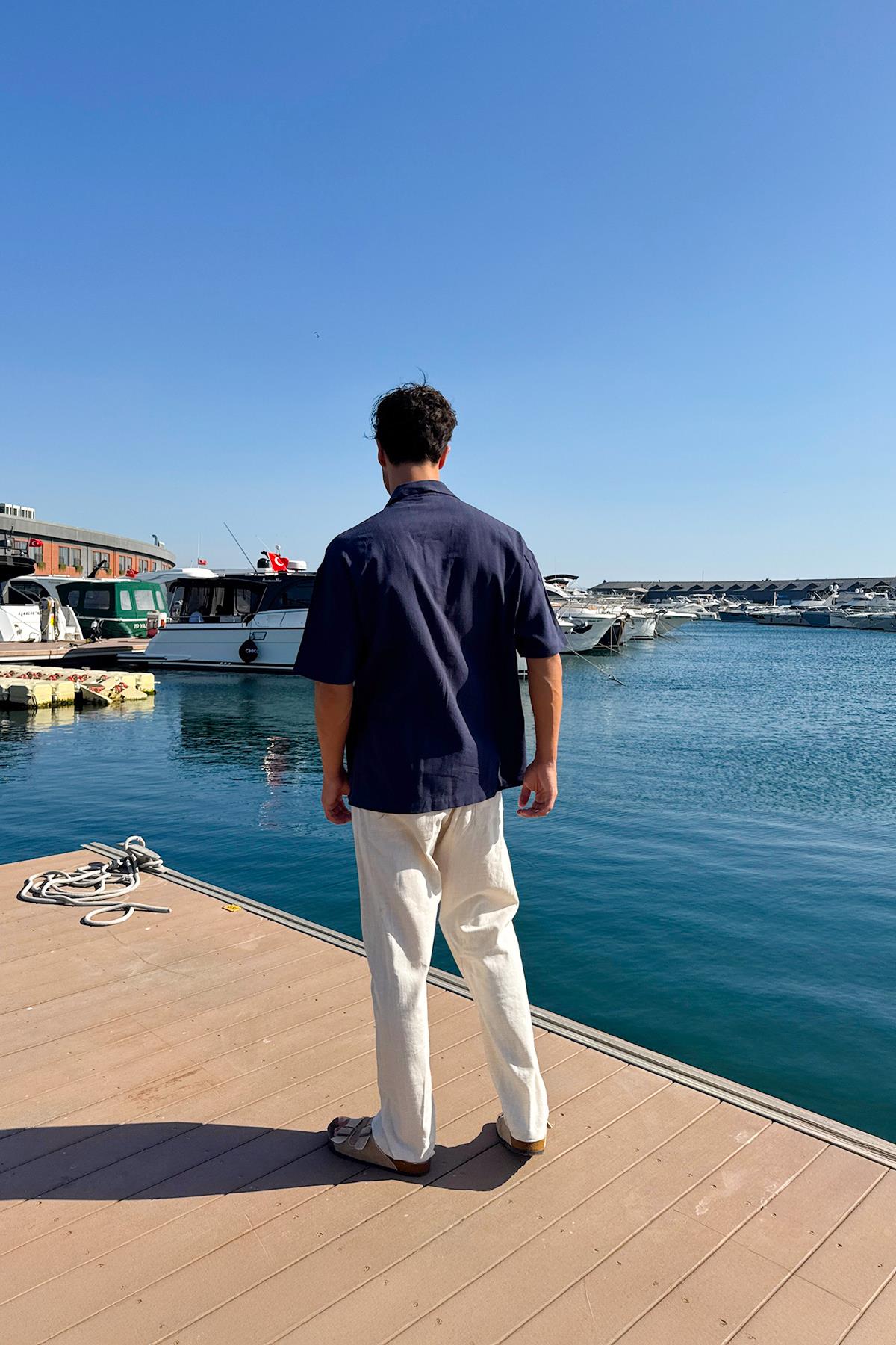 Apaş Yaka Oversize Kısa Kol Gömlek Lacivert