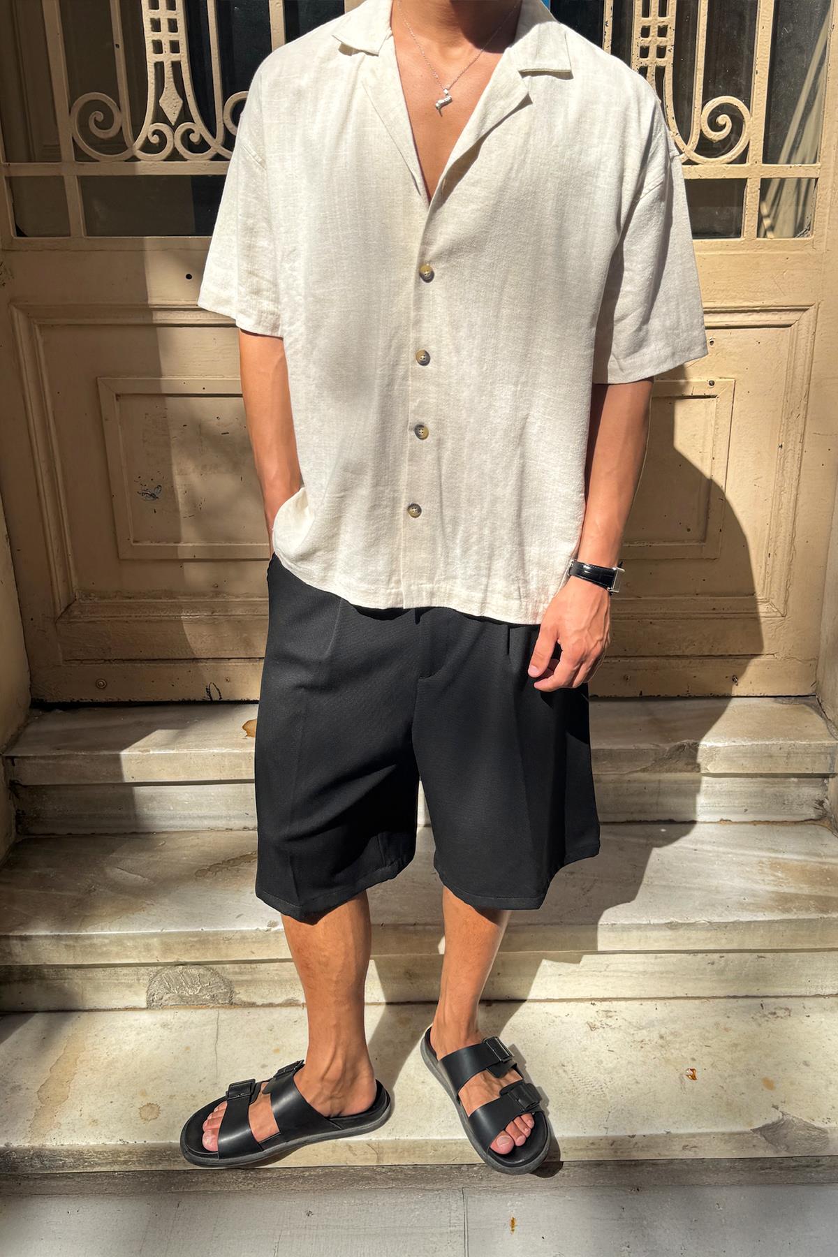 Apaş Yaka Oversize Kısa Kol Gömlek Bej