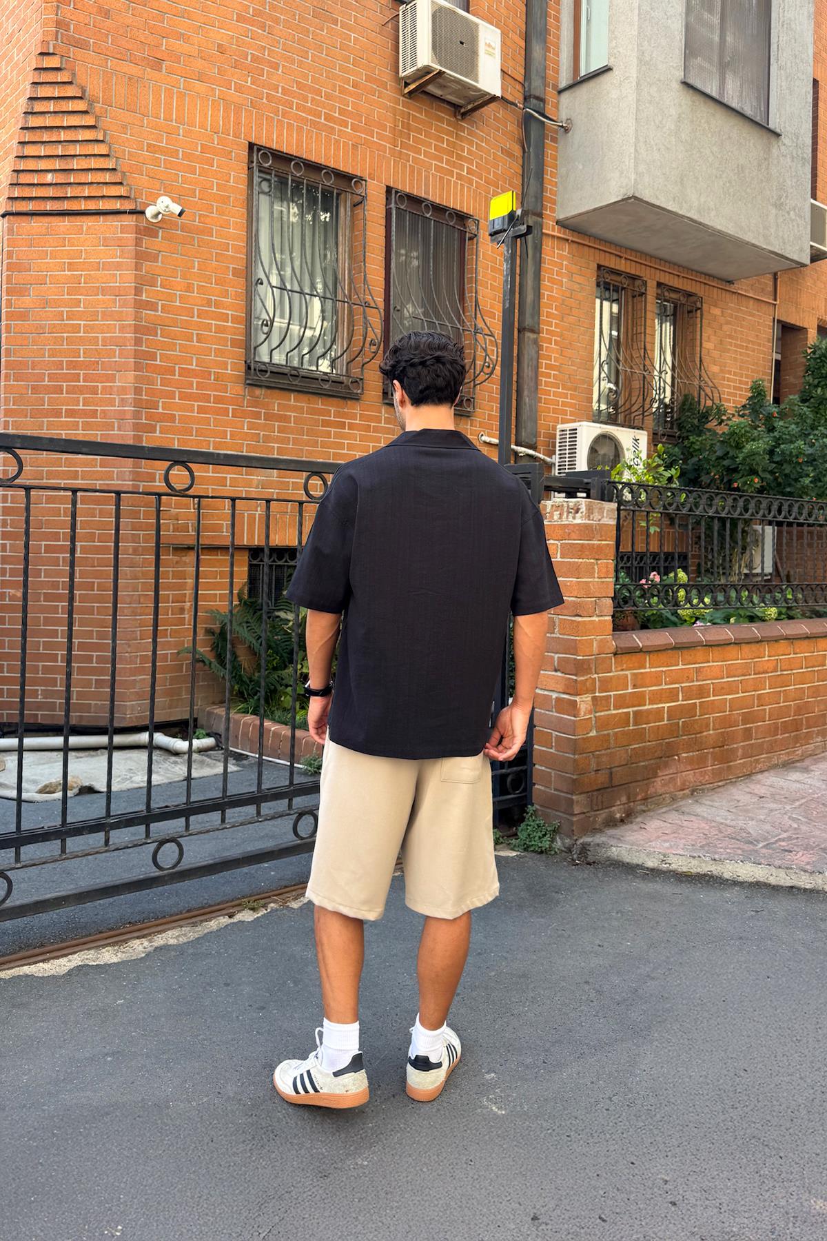 Apaş Yaka Oversize Kısa Kol Gömlek Siyah