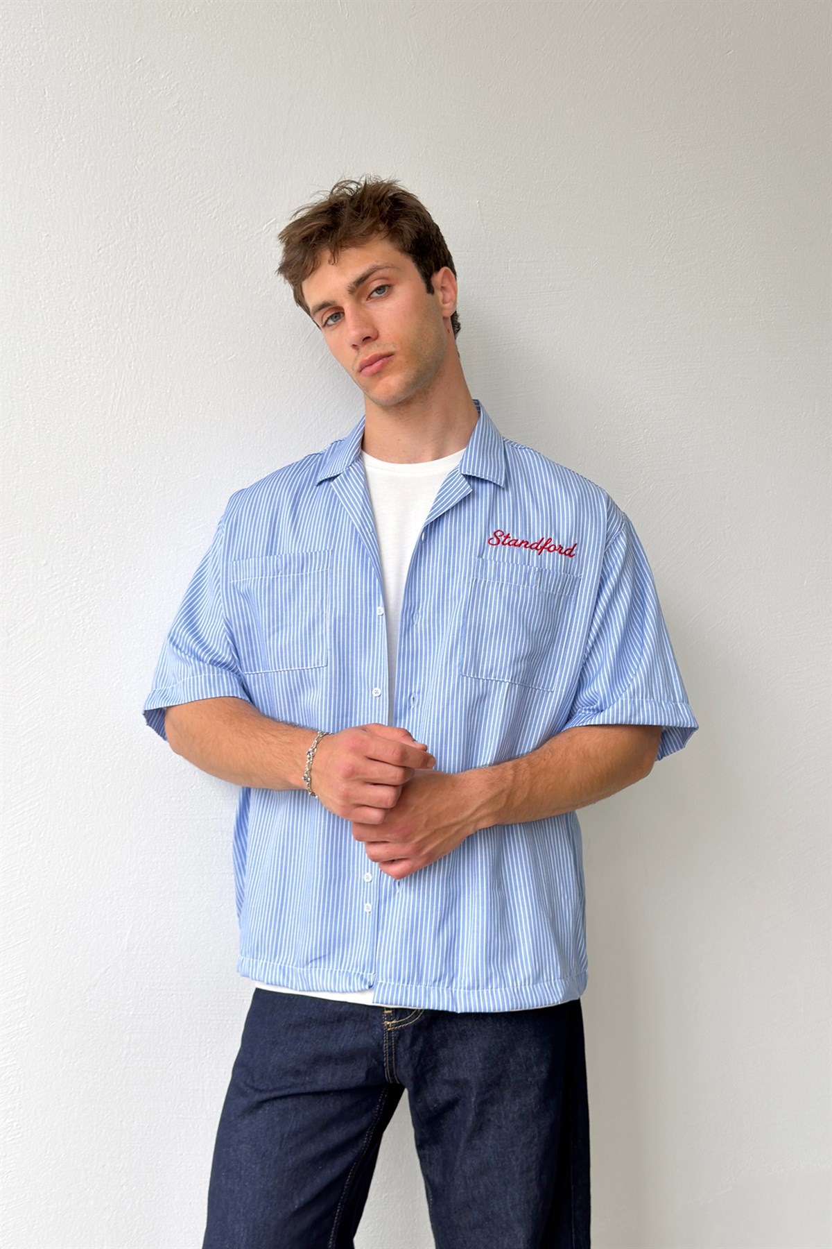 Apaş Yaka Stanford Nakışlı Oversize Gömlek