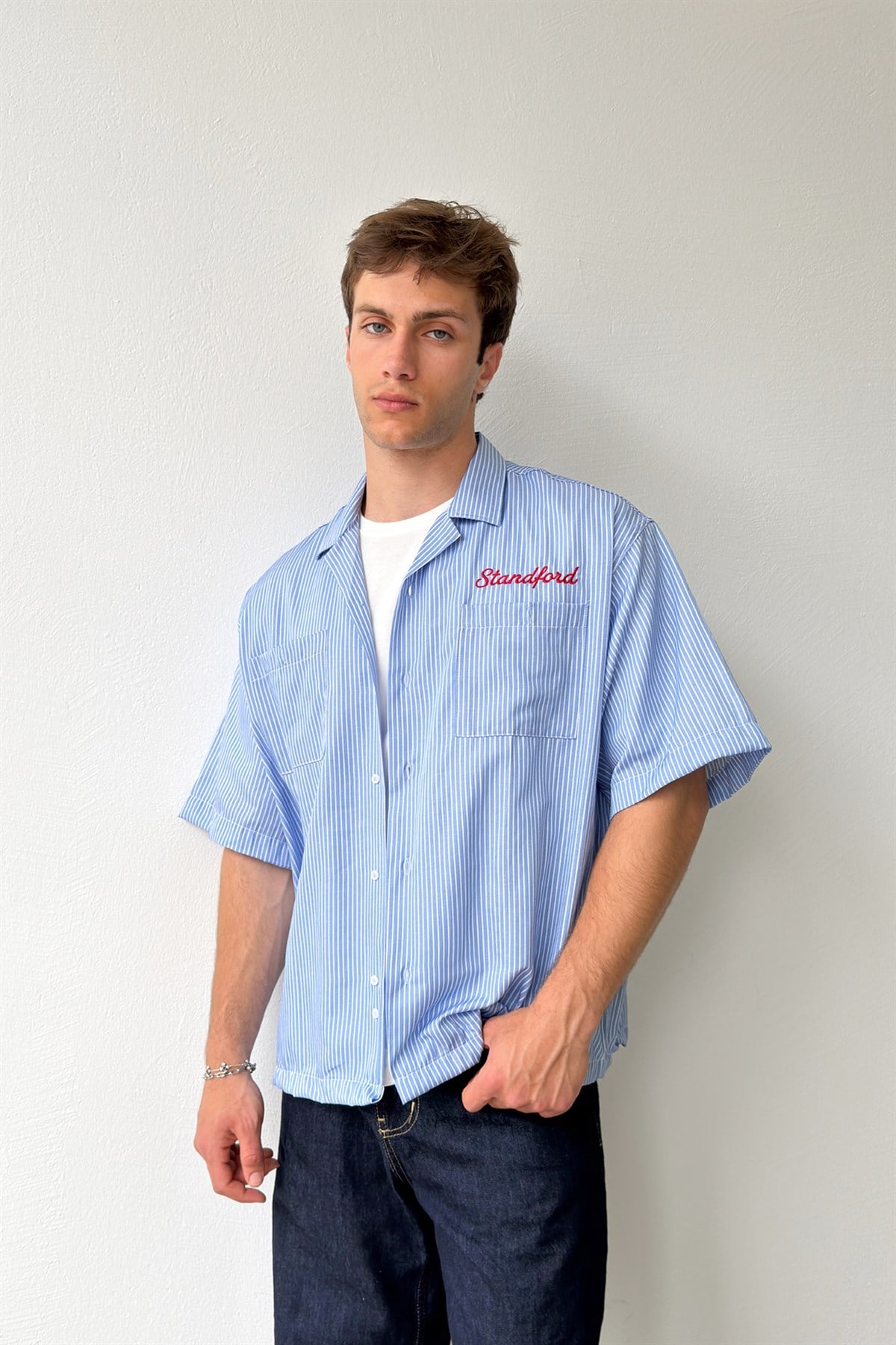 Apaş Yaka Stanford Nakışlı Oversize Gömlek