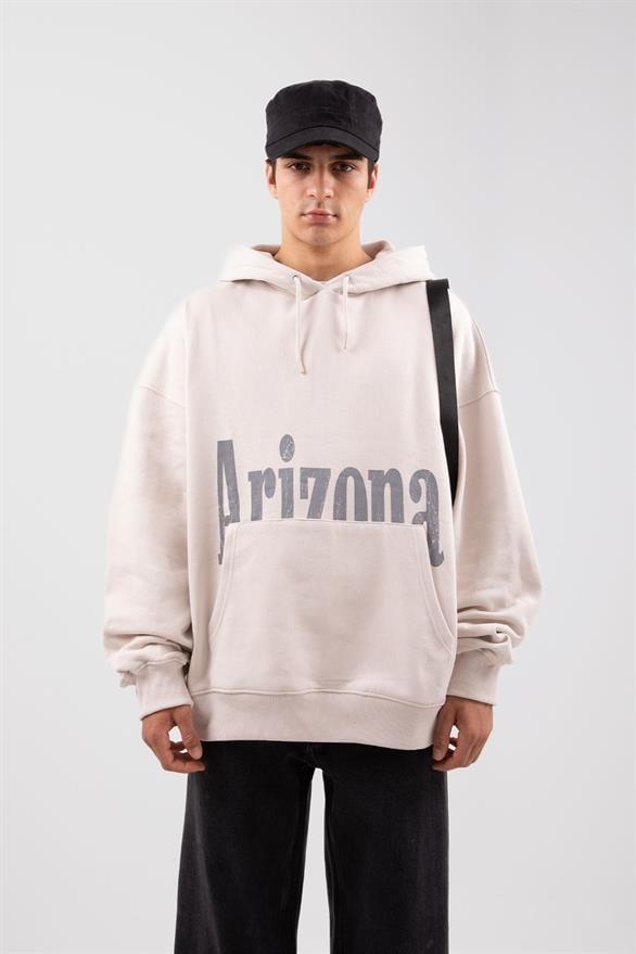 Arizona Baskılı Oversize Bej Oversize Hoodie