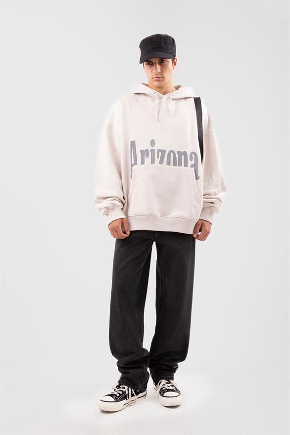 Arizona Baskılı Oversize Bej Oversize Hoodie