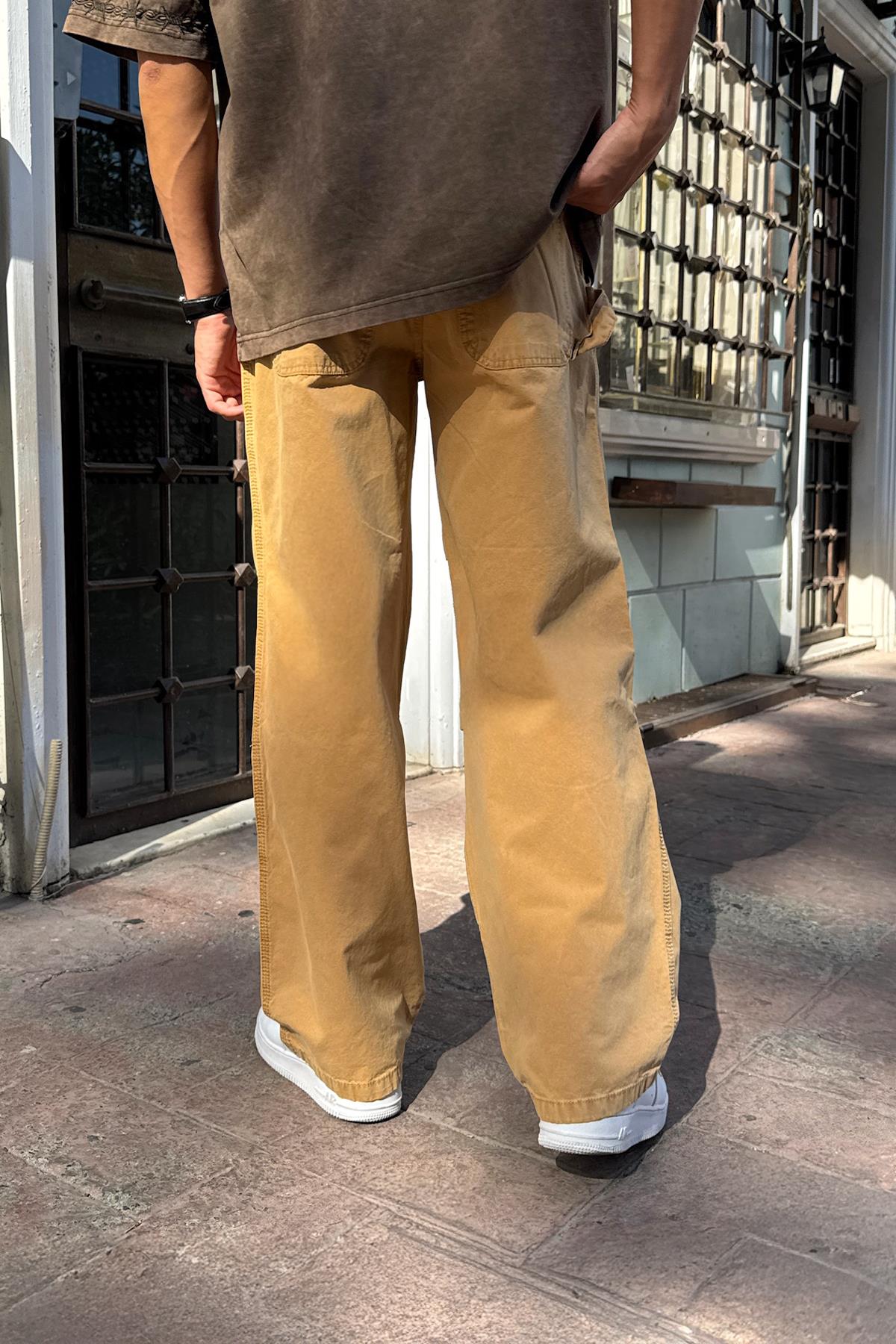 Arkası Kumaş İpi Detaylı Hardal Baggy Pantolon
