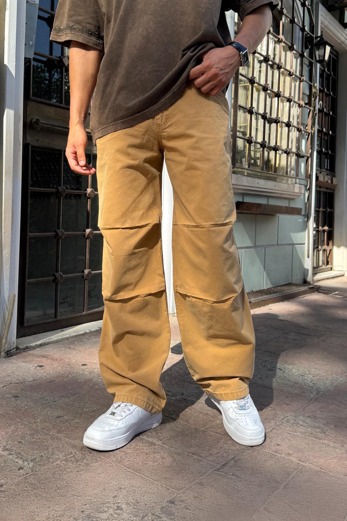 Arkası Kumaş İpi Detaylı Hardal Baggy Pantolon