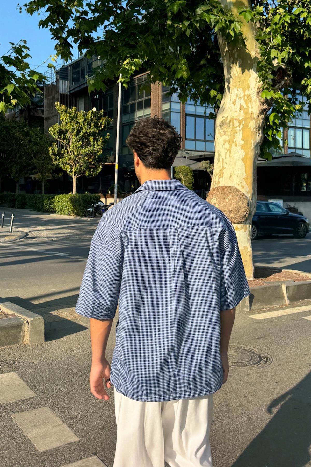 Ayarlanabilir Model Kareli Kısa Kol Gömlek Mavi