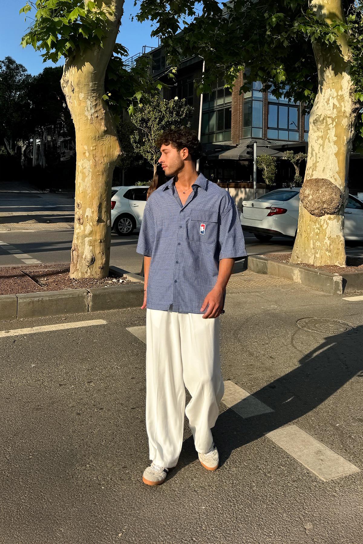 Ayarlanabilir Model Kareli Kısa Kol Gömlek Mavi