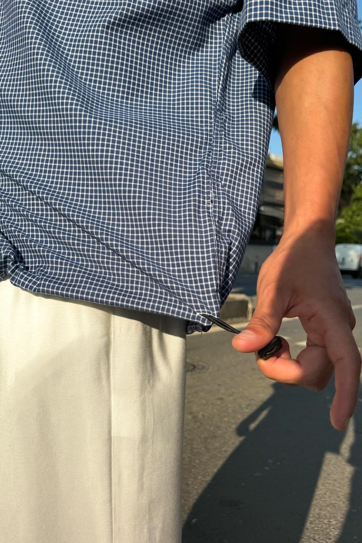 Ayarlanabilir Model Kareli Kısa Kol Gömlek Mavi