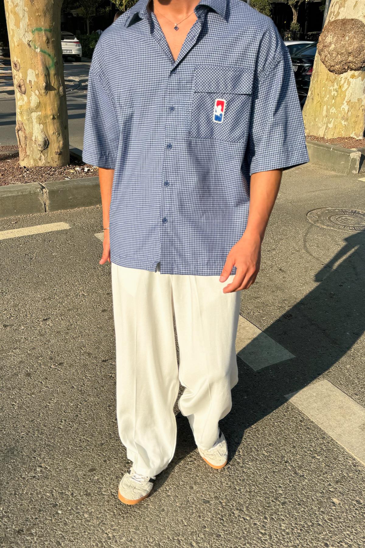 Ayarlanabilir Model Kareli Kısa Kol Gömlek Mavi