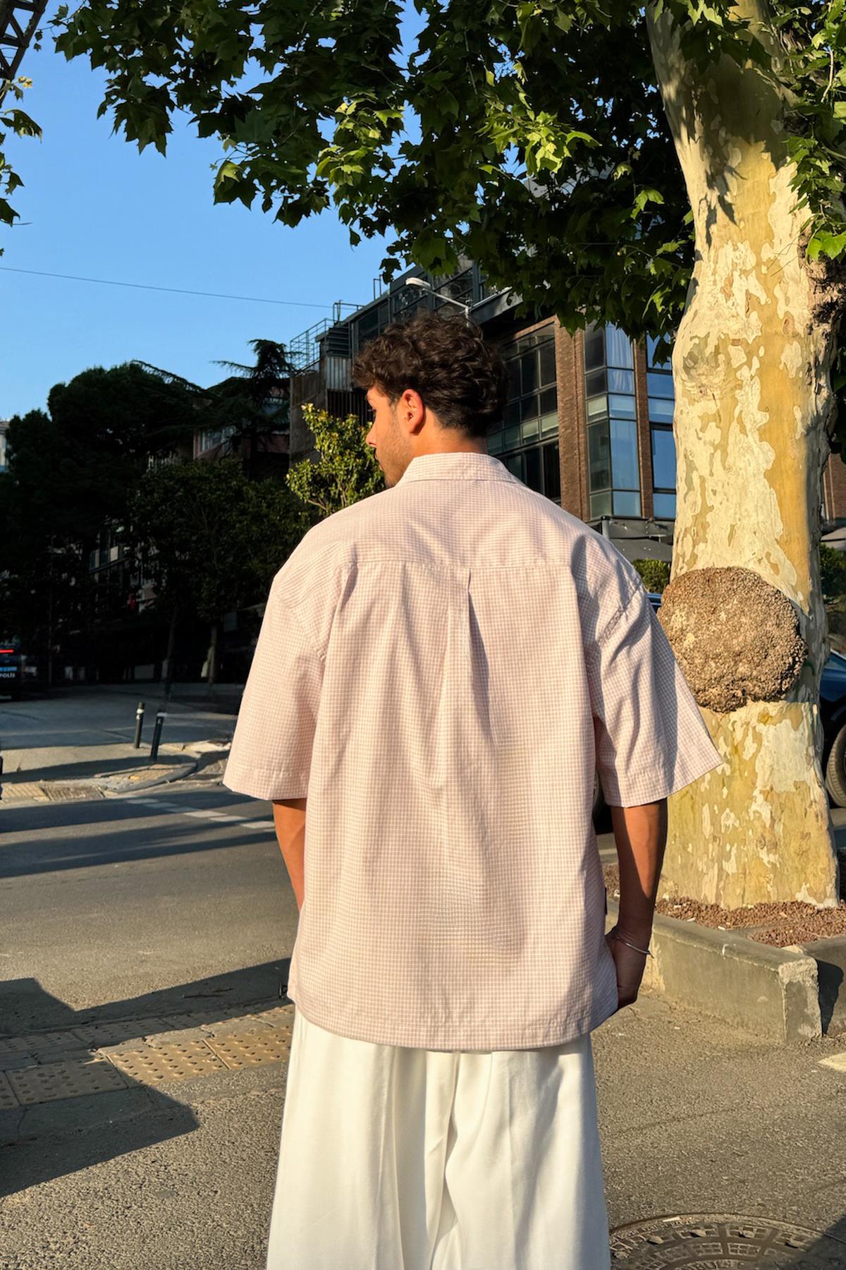 Ayarlanabilir Model Kareli Kısa Kol Gömlek Bej