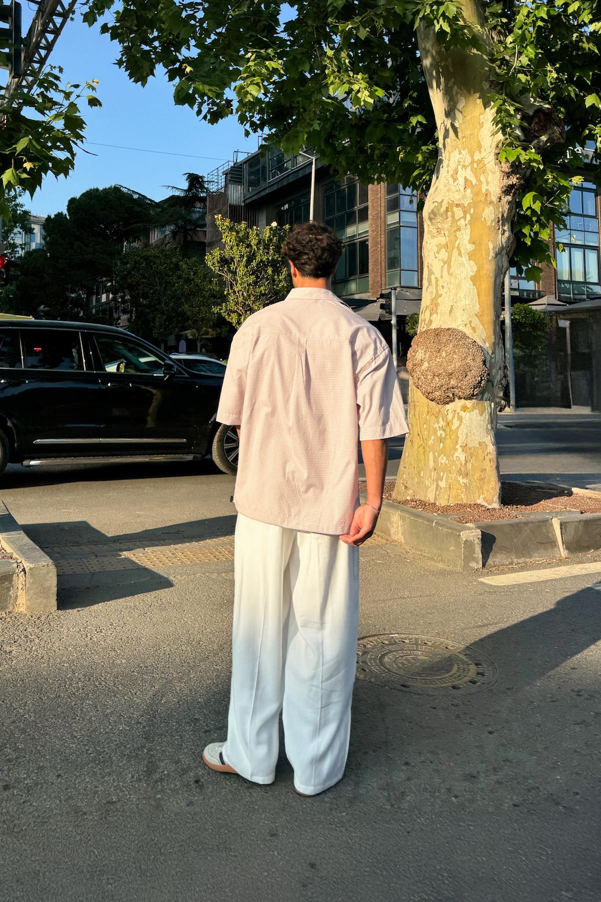 Ayarlanabilir Model Kareli Kısa Kol Gömlek Bej