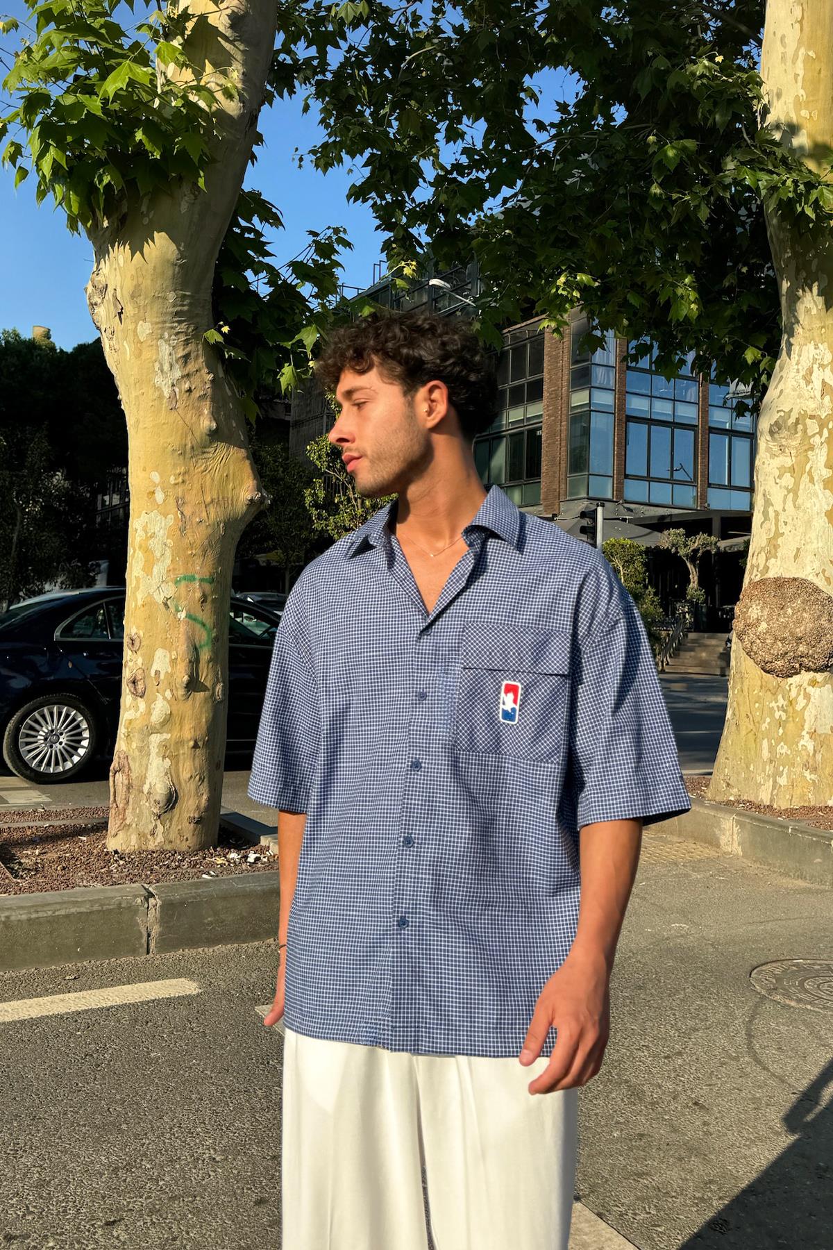 Ayarlanabilir Model Kareli Kısa Kol Gömlek Mavi