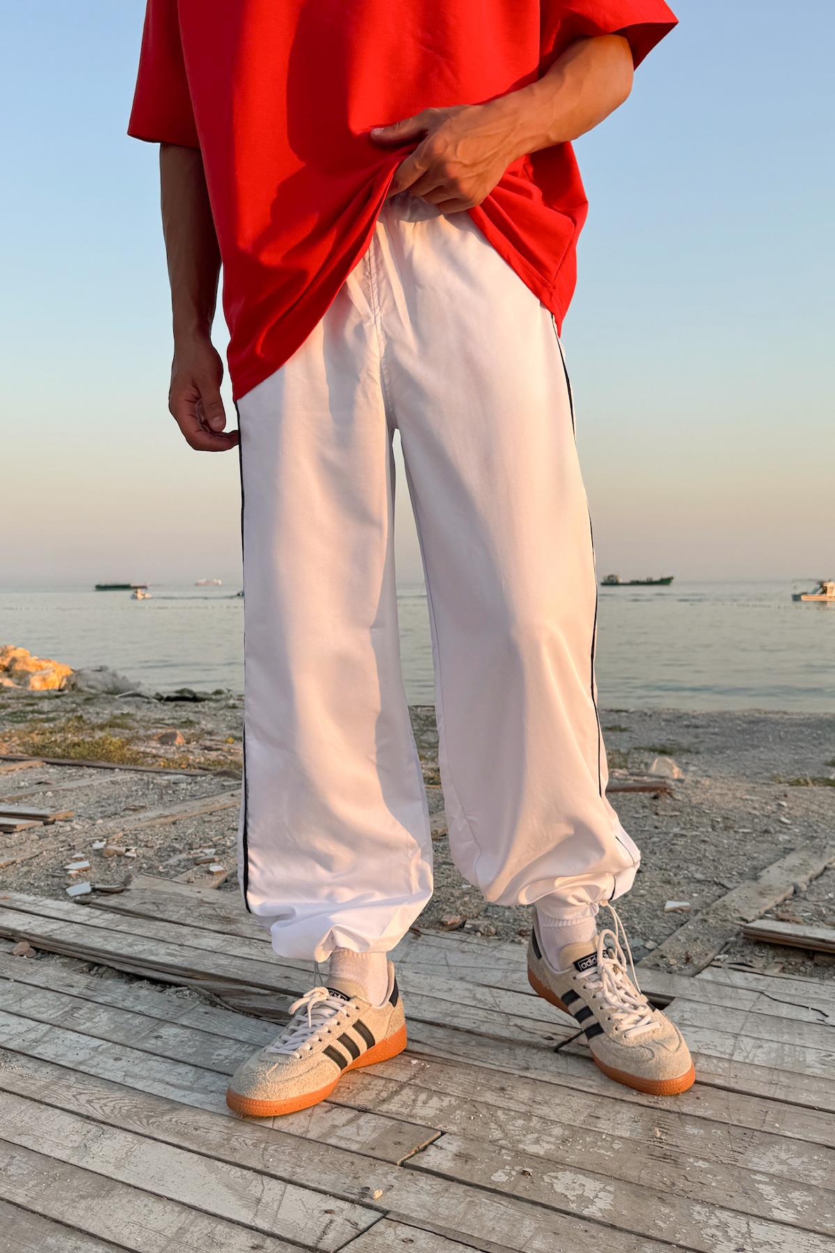 Ayarlanabilir Paça Çift Biye Detay Beyaz Paraşüt Pantolon