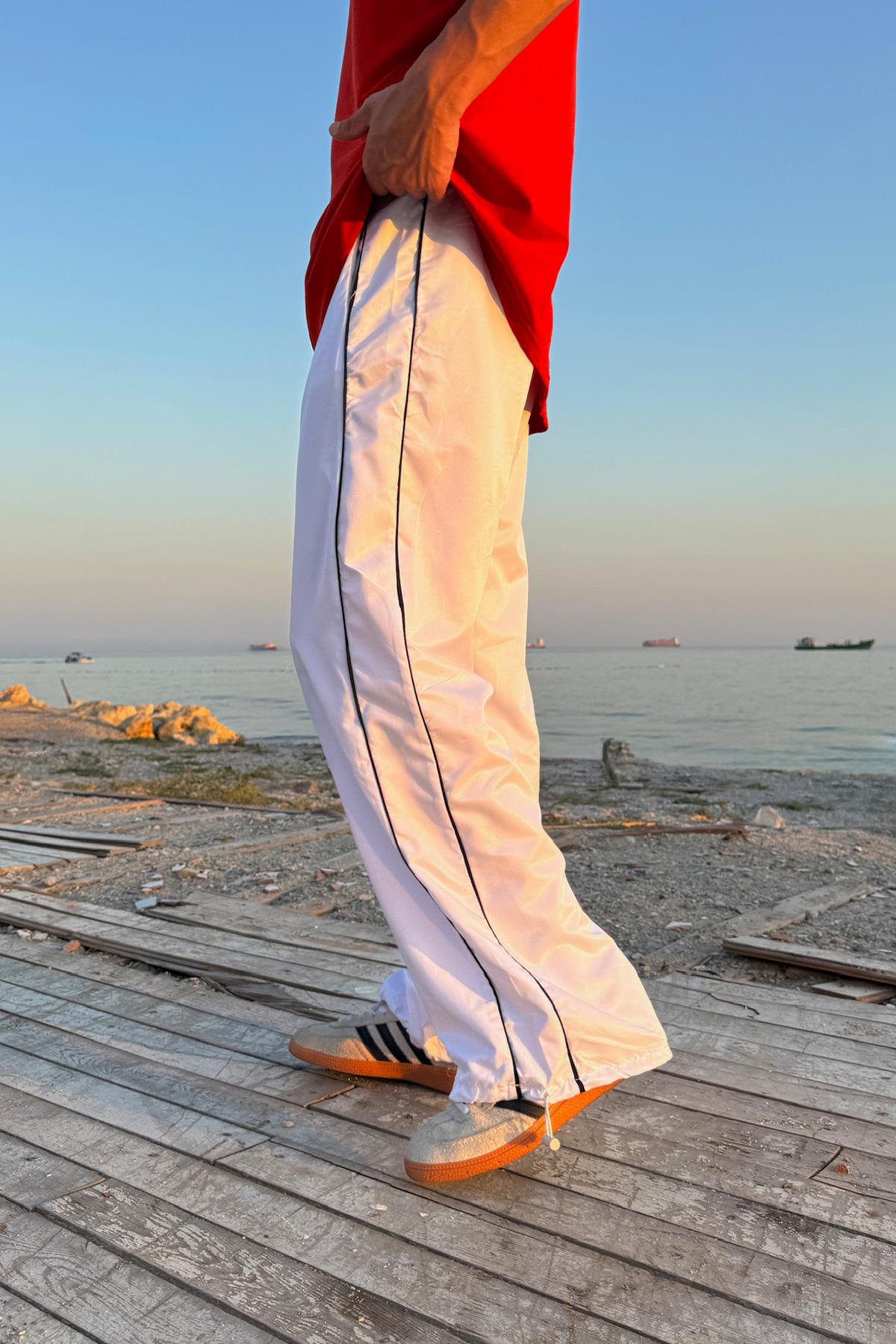 Ayarlanabilir Paça Çift Biye Detay Beyaz Paraşüt Pantolon