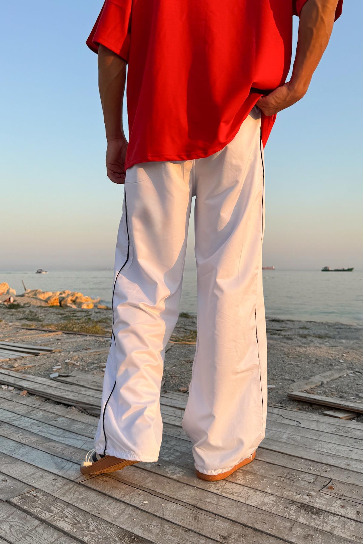 Ayarlanabilir Paça Çift Biye Detay Beyaz Paraşüt Pantolon