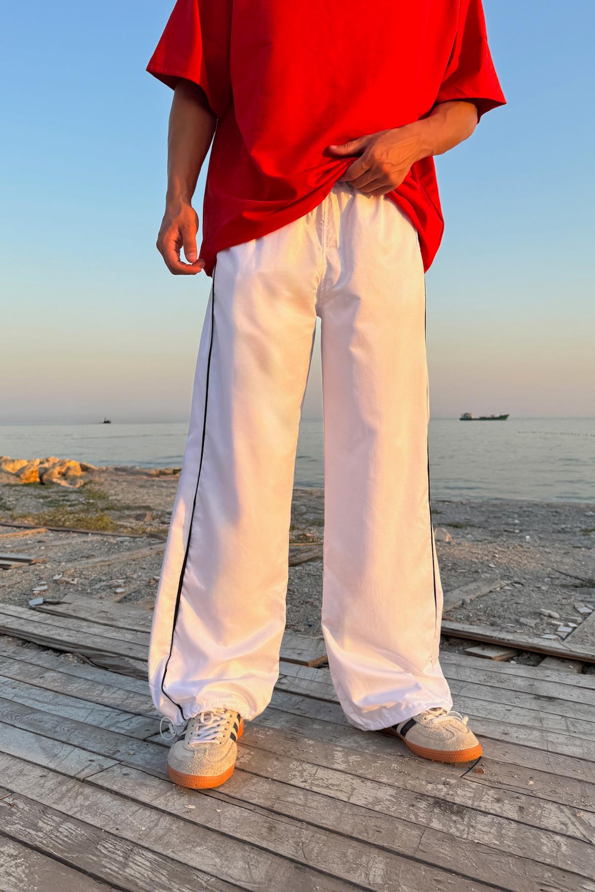 Ayarlanabilir Paça Çift Biye Detay Beyaz Paraşüt Pantolon