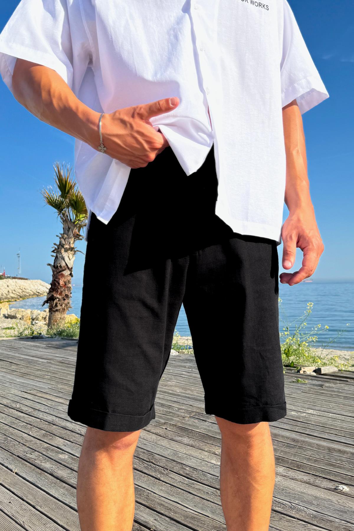 Bağcıklı Keten Bermuda Şort Siyah