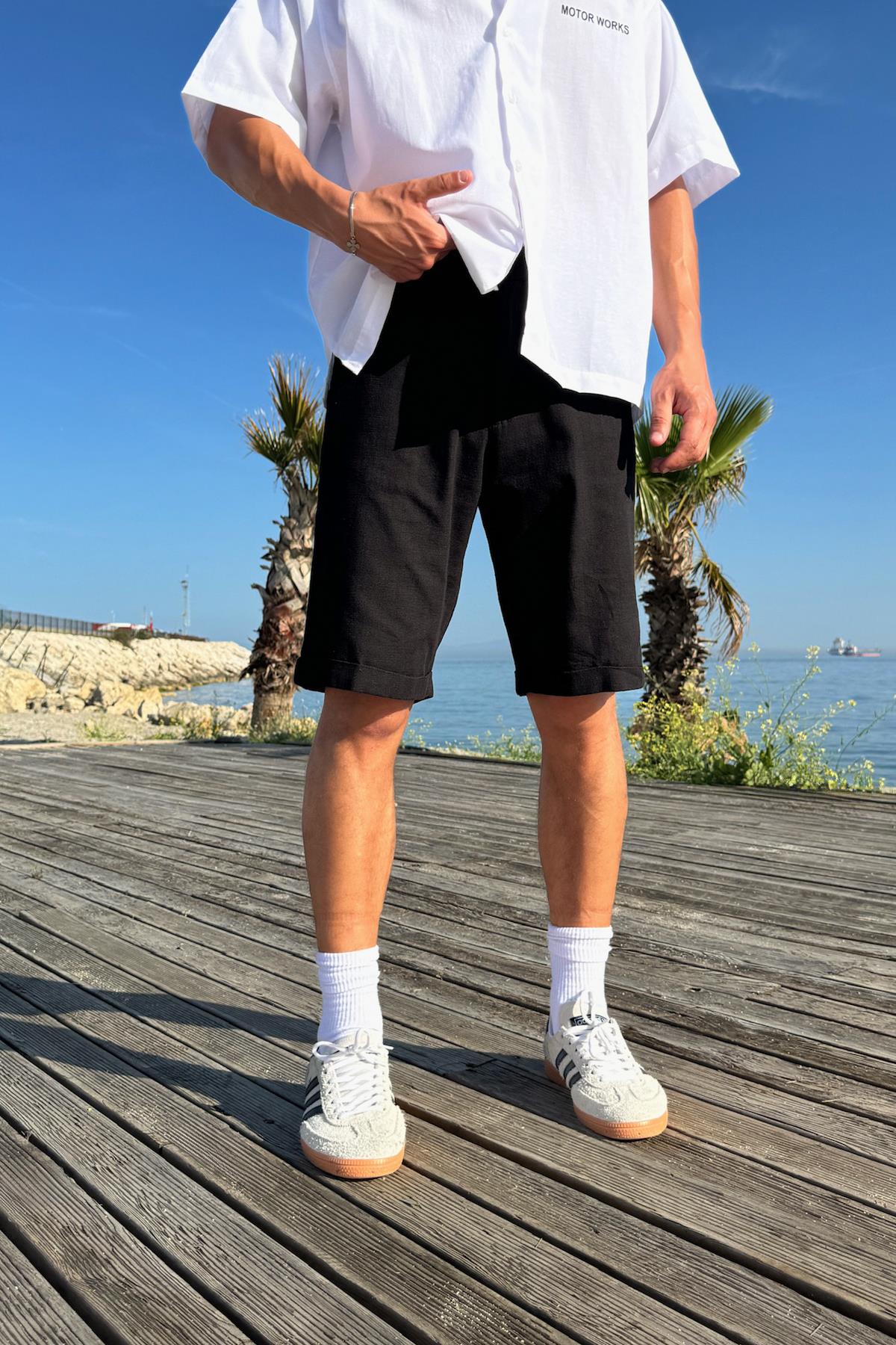 Bağcıklı Keten Bermuda Şort Siyah