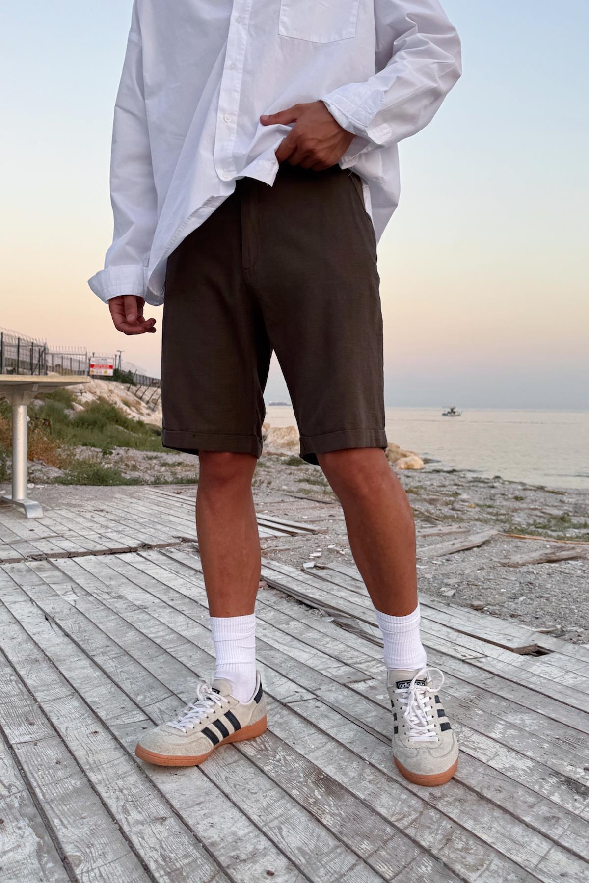 Bağcıklı Haki Keten Bermuda Şort