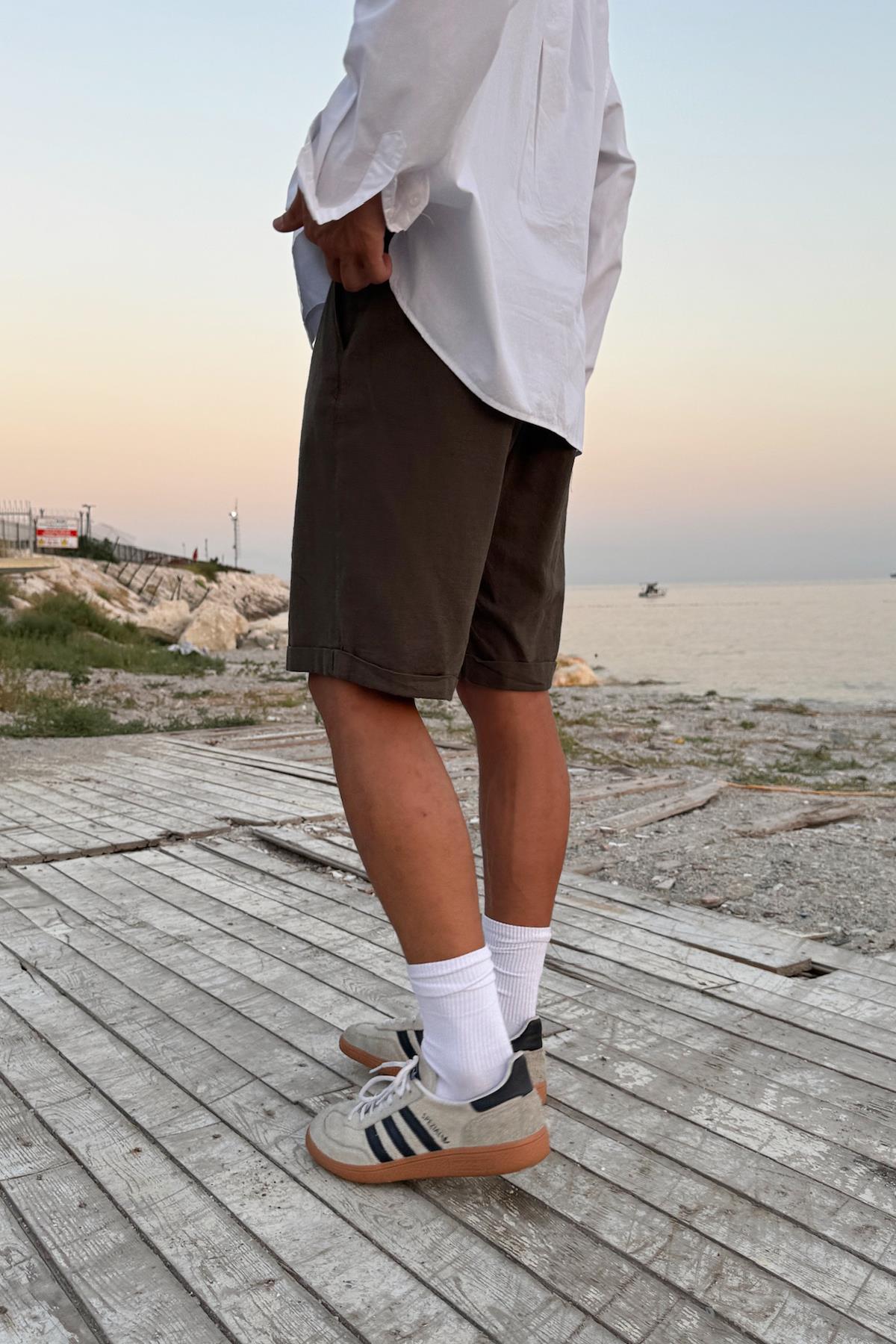 Bağcıklı Haki Keten Bermuda Şort