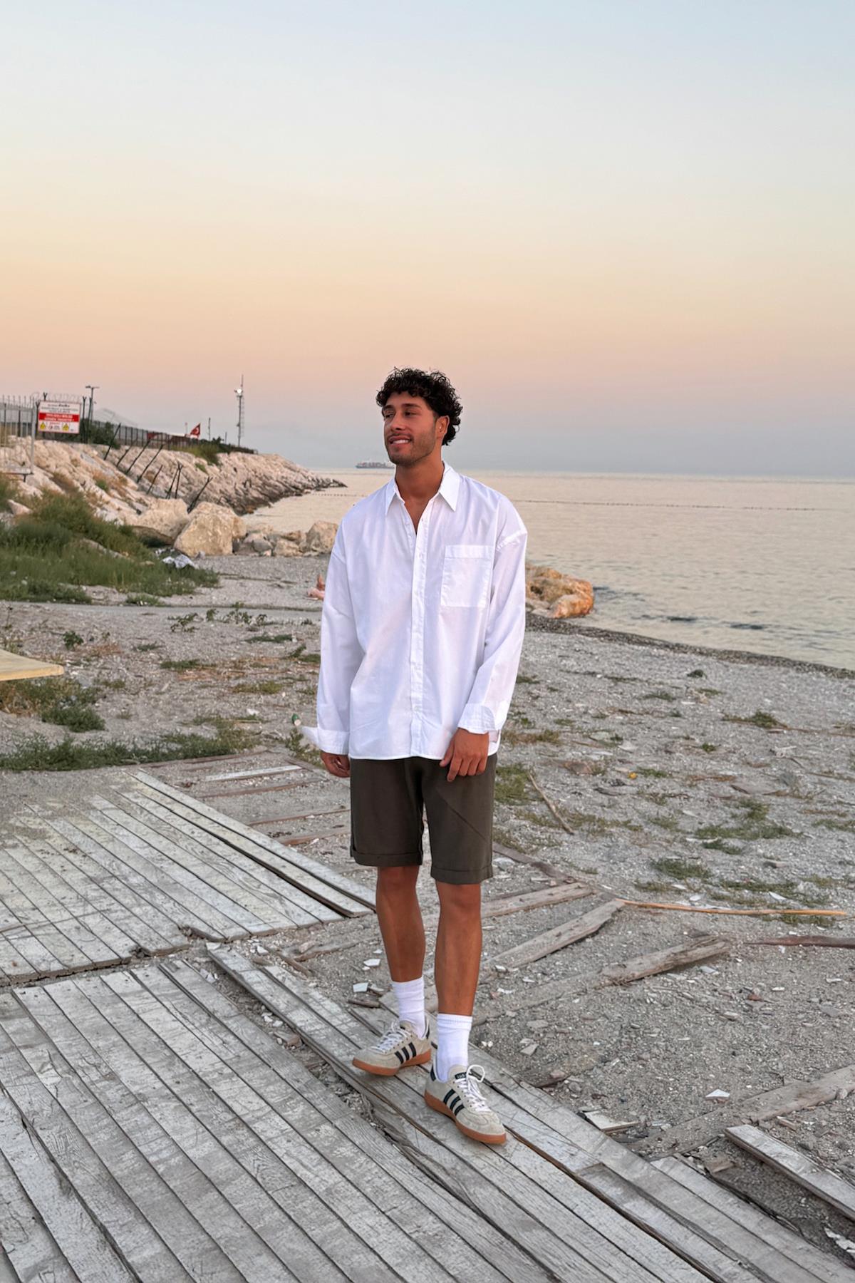 Bağcıklı Haki Keten Bermuda Şort