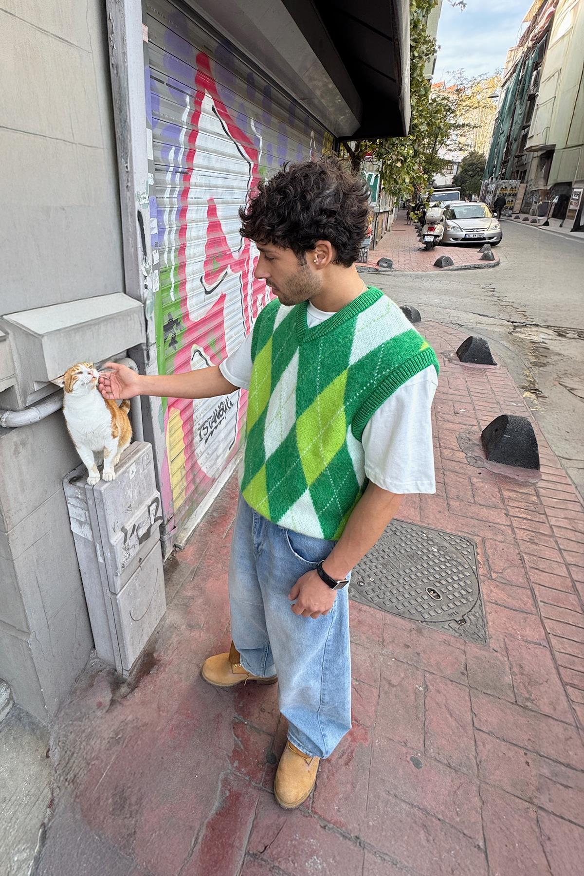 Baklava Desen Triko Süveter Yeşil