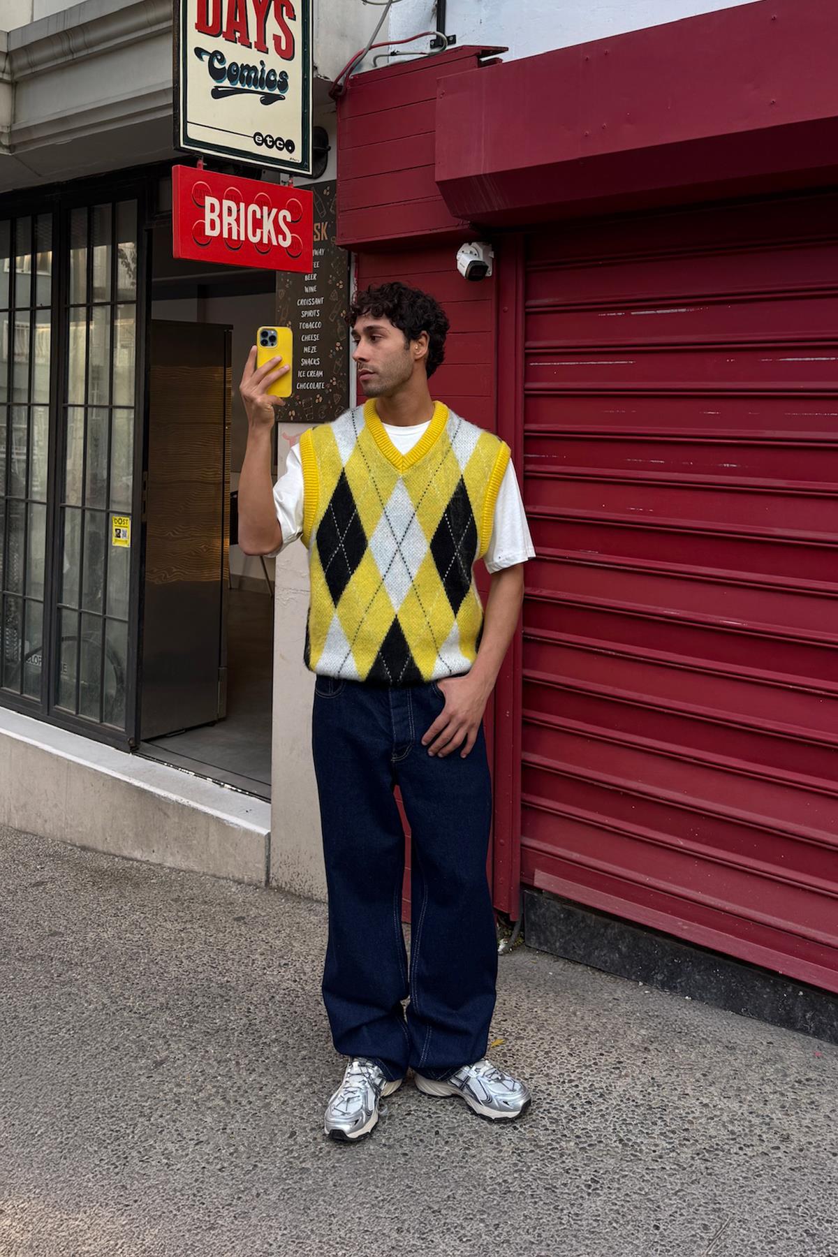 Baklava Desen Triko Süveter Sarı