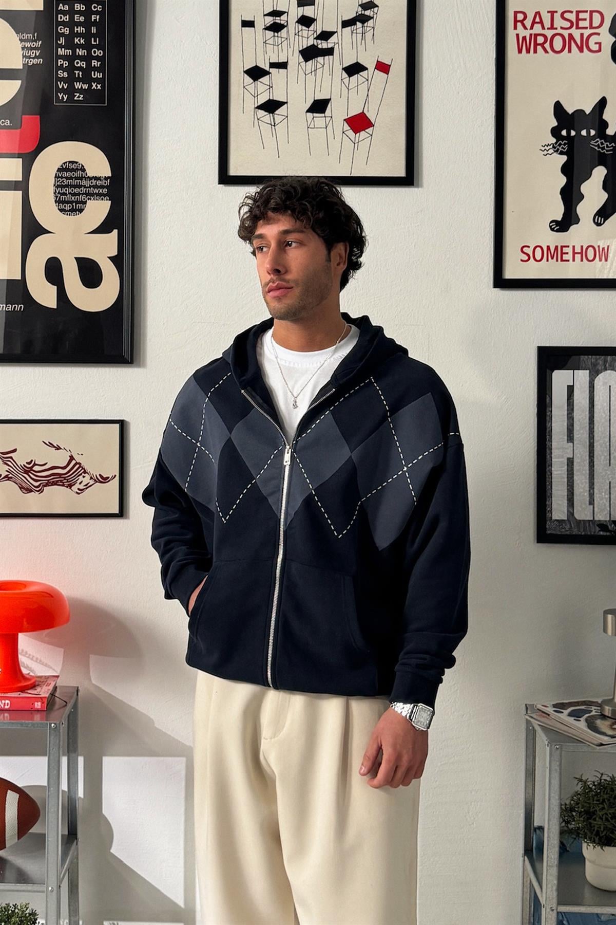 Baklava Desenli Zip Hoodie
