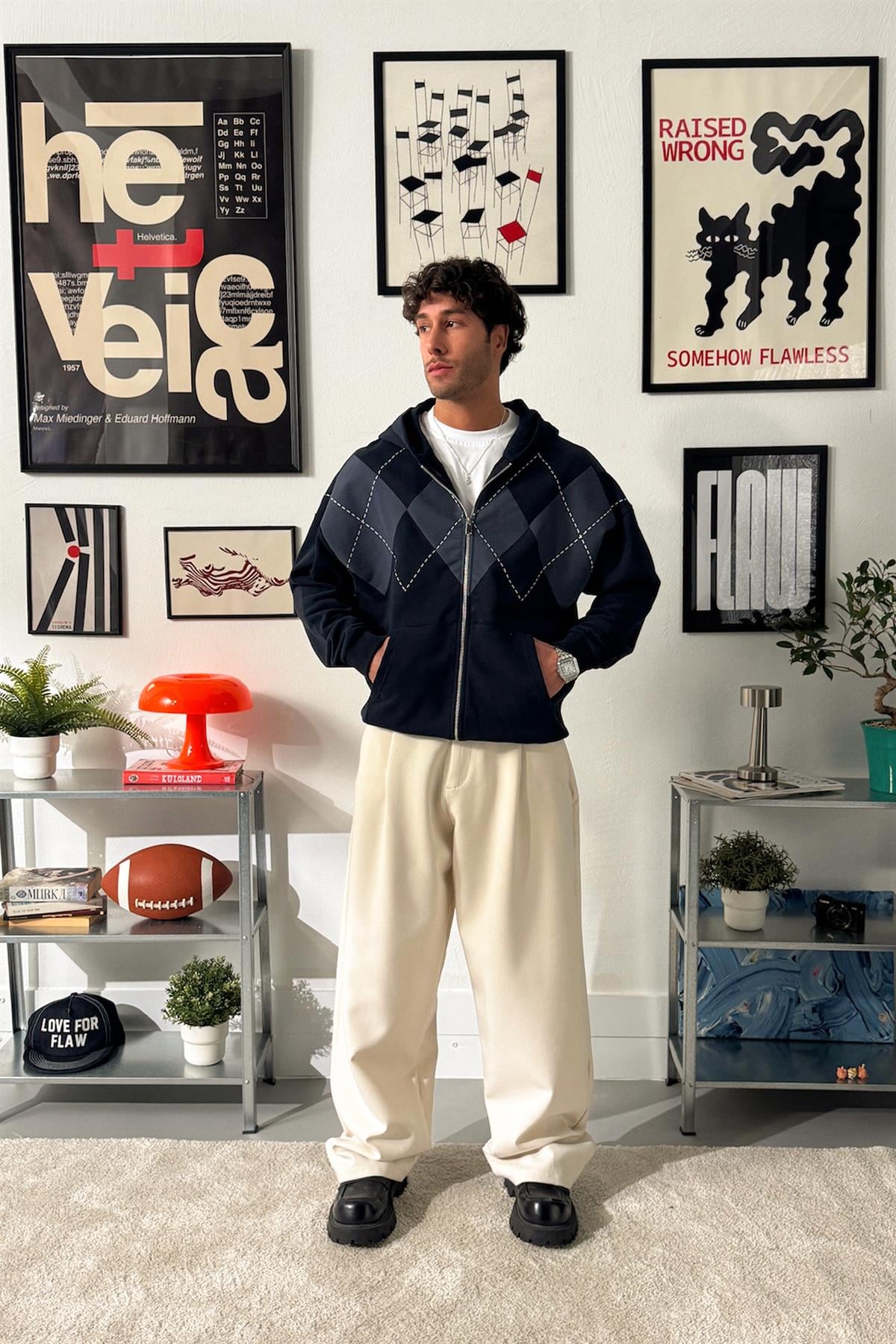 Baklava Desenli Zip Hoodie