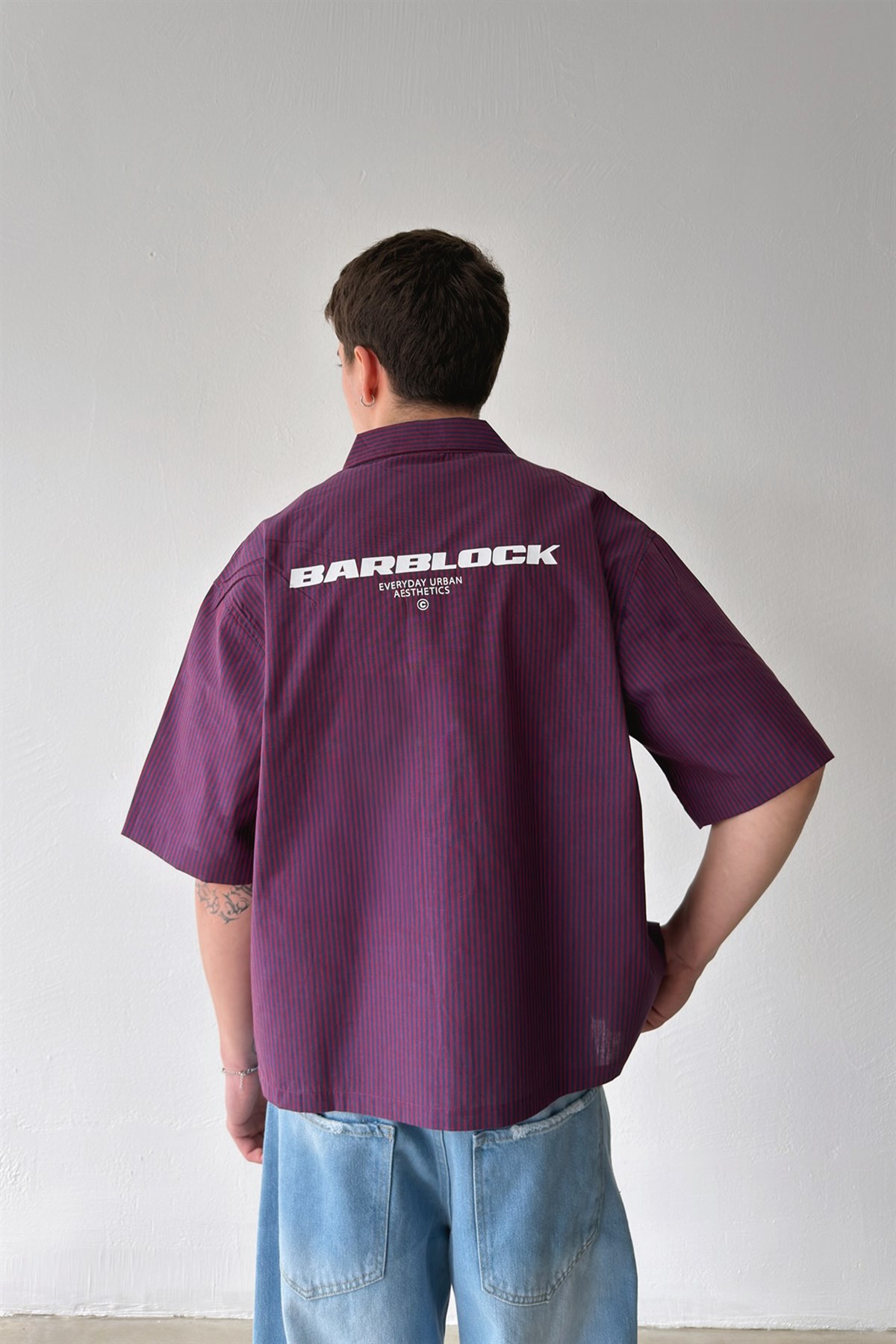 Barblock Baskılı Çizgili Kırmızı Poplin Crop Gömlek